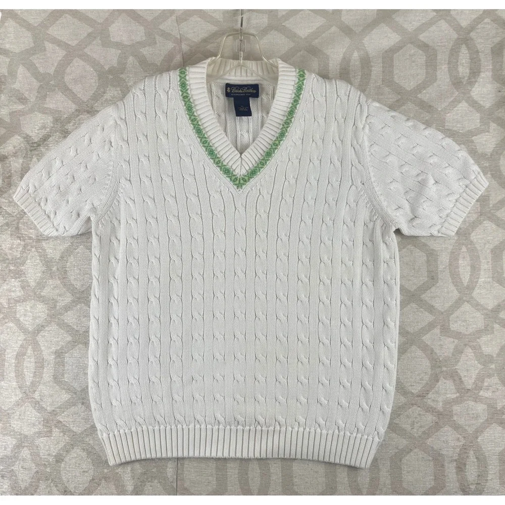 Brooks Brothers Cable Knit Tennis Sweater Youth XL White Green‎ V-Neck Short Slv